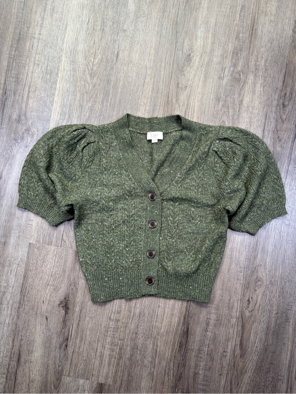 Ann Taylor LOFT Cropped Puff Sleeve Cardigan Olive Green S
